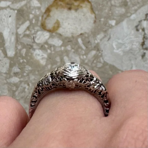 Antique Filigree 14k White Gold Old Mine Cut Diamond Engagement Ring - Picture 14 of 16